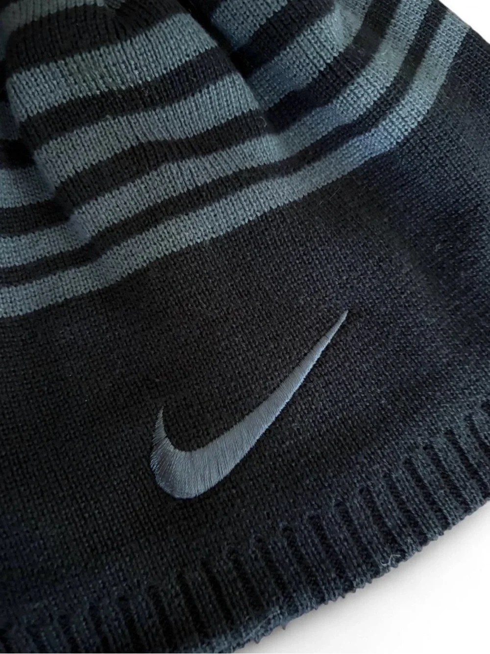 Nike Youth Kids Pom Pom Beanie - Black + Gray Striped with Swoosh